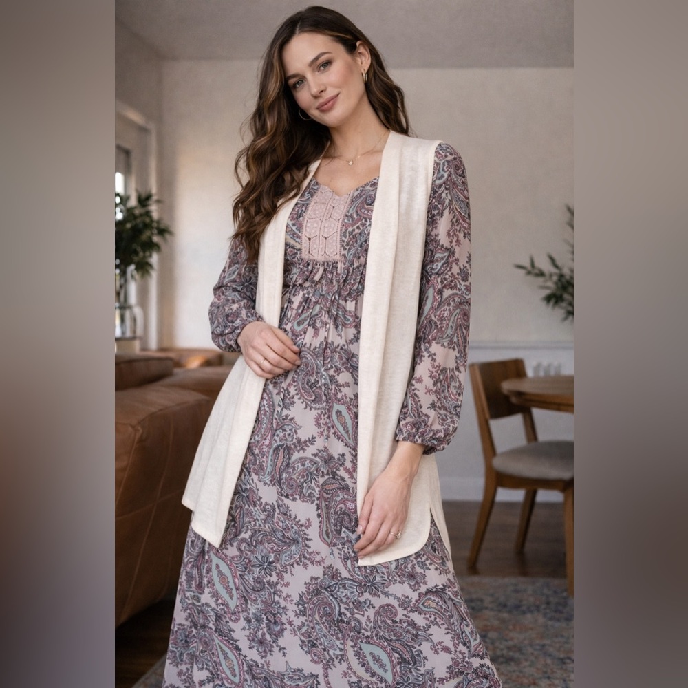 Paisley Print Dress with Cream Vest